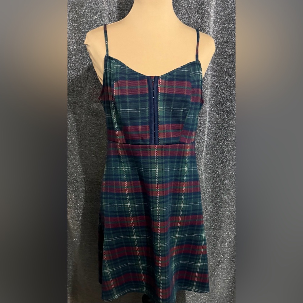 SO Plaid Spaghetti Strap Dress in Navy, Green & Red